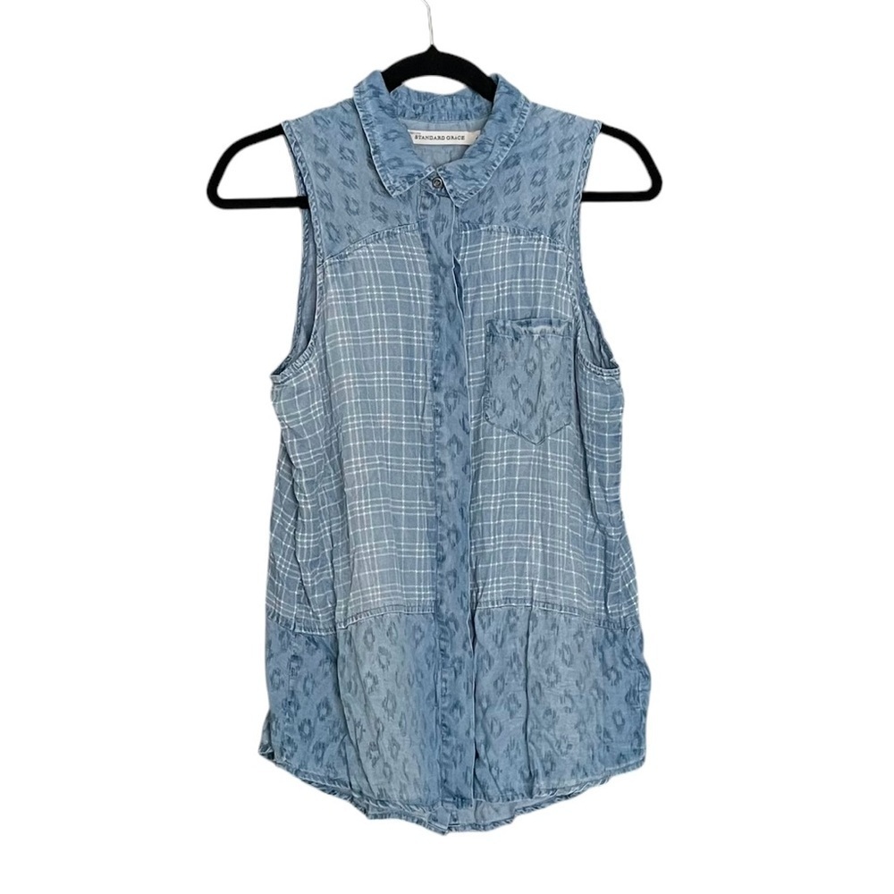 STANDARD GRACE Button Front Printed Sleeveless Blouse Blue White L